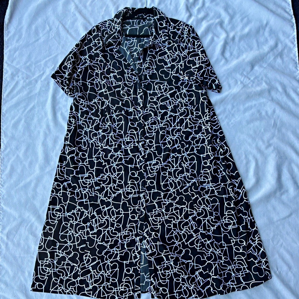 Wednesday's Girl Black White Abstract Collared Button Front Shirt Dress 20